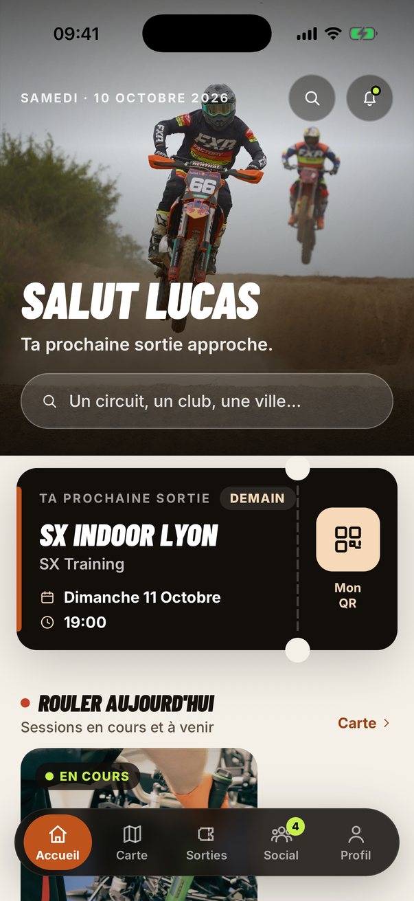Accueil de l'app MX Pass : ta prochaine sortie et les clubs qui roulent aujourd'hui
